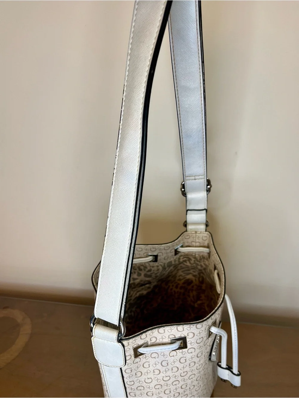 Guess Small Crossbody Bucket Bag, Monogram, Signature, Ivory, Coated, Adjustable